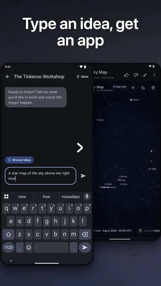 Typing “A star map of the sky above me right now” into Tinkeroo, and the finished Sky Map app beside it.