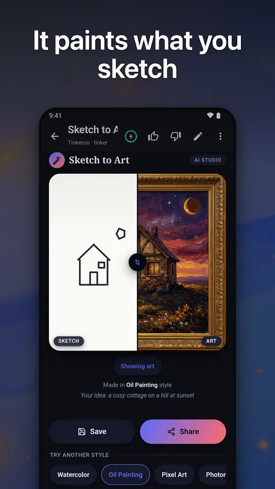 A Sketch to Art app turning a doodled house into an oil painting.