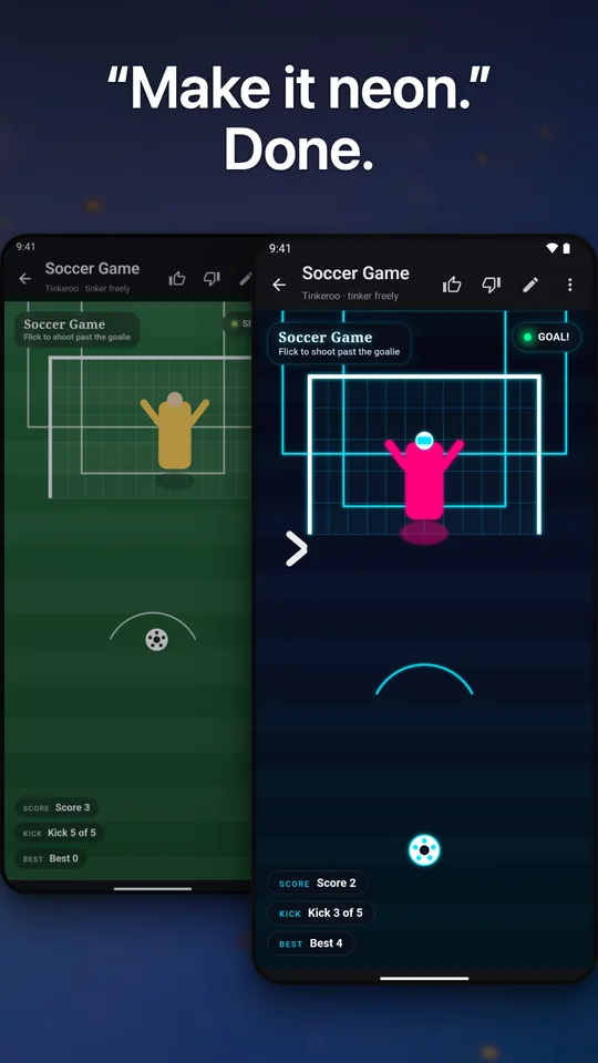 The same soccer game restyled in neon after asking Tinkeroo to change it.