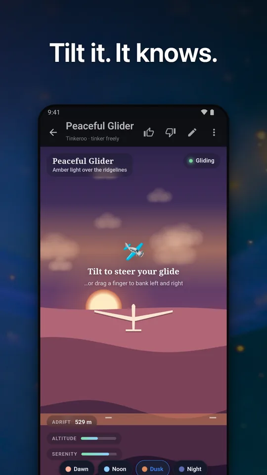 A Peaceful Glider app steered by tilting the phone.