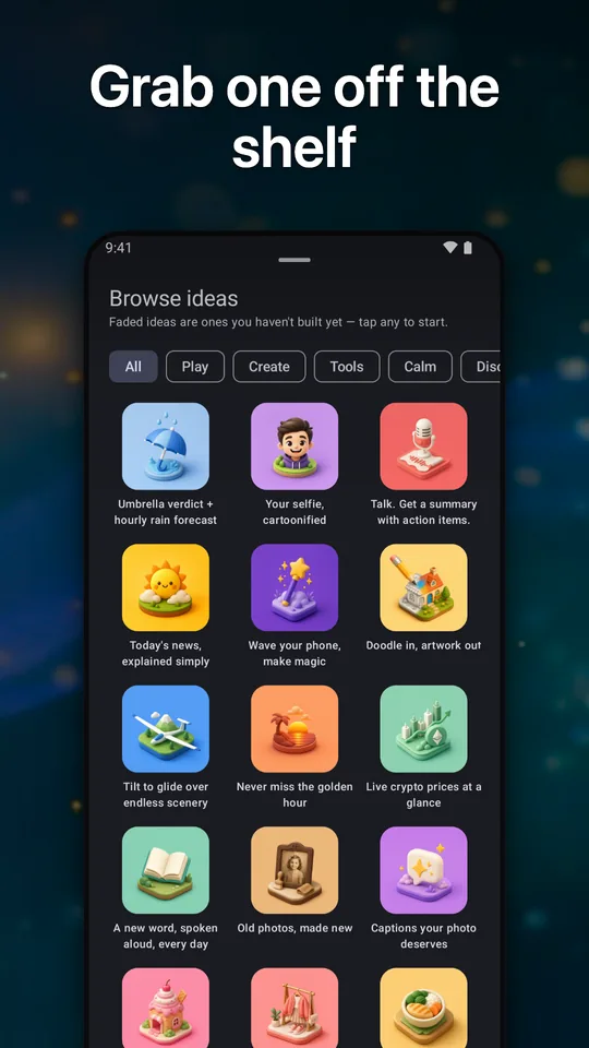 The Browse ideas shelf, full of ready-made app ideas to tap and build.