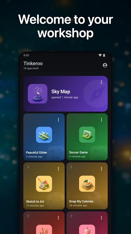 A personal workshop home screen listing the apps you have built.